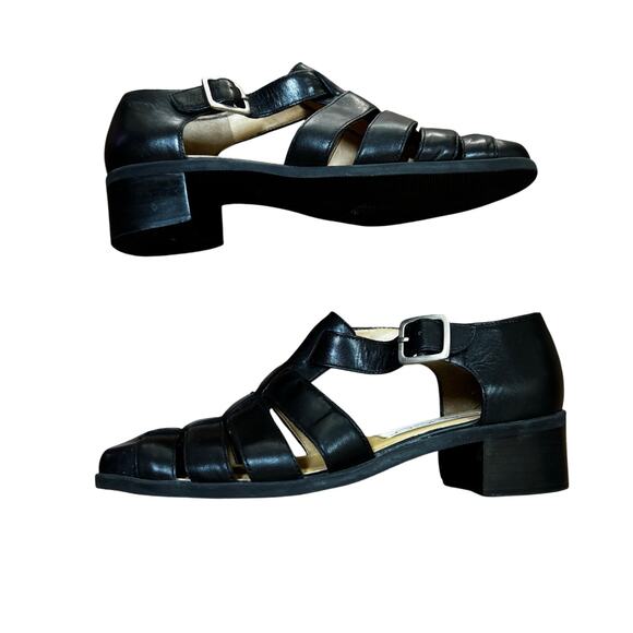Calico low heel black leather sandals adjustable buckle classic casual 6M 1980's - Picture 6 of 8